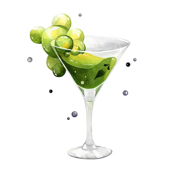 Akvarel Zelený Koktejl Duchem Martini Sklenici Bublinkami Halloween Pro Tisk — Stock fotografie