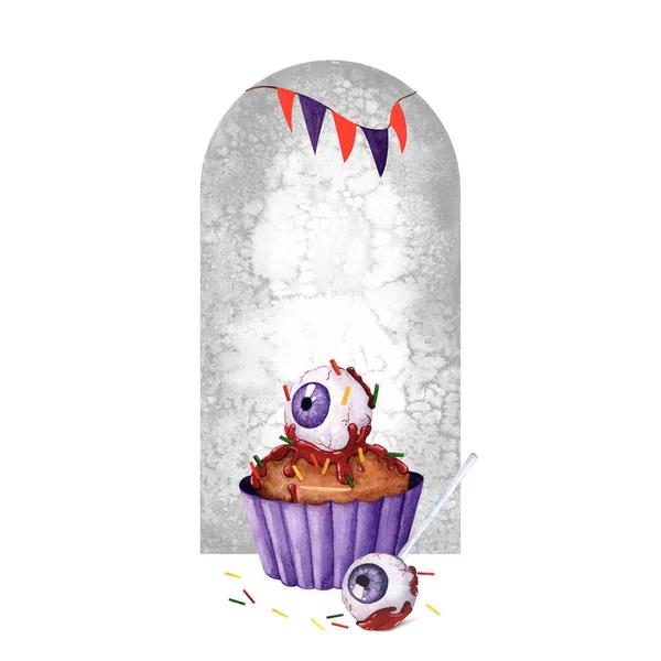 Aquarel Halloween Cupcake Compositie Met Oog Bloederige Lolly Grijze Grafsteen — Stockfoto