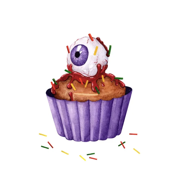 Geïsoleerde Aquarel Bloederige Oog Cupcake Vreselijke Snoepjes Voor Halloween Ontwerp — Stockfoto