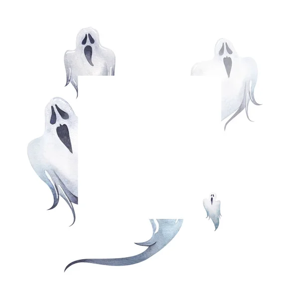 Skrekkfargede Spøkelser Med Hvit Ramme Tekst Halloweenkort Isolert Hvit Bakgrunn – stockfoto