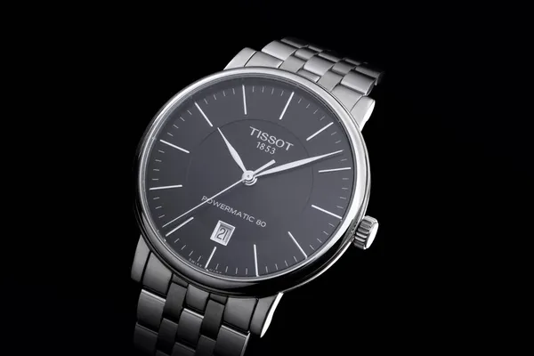 Almaty Cazaquistão 2021 Tissot Relógio Mão Com Pulseira Aço Fundo — Fotografia de Stock