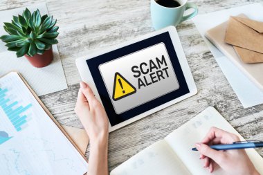 Scam alert detecting warning. Notification on device screen clipart