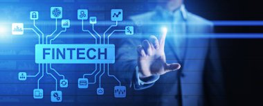Fintech Finans Teknolojisi Kripto para birimi yatırımı ve dijital para. Sanal ekranda iş kavramı