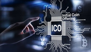 ICO - Sanal ekranda ilk madeni para teklifi, Fintech, finansal ve kripto para ticareti kavramı. İş ve teknoloji