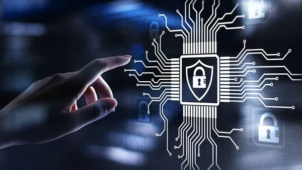 Cyberbeveiliging, privacy van informatie, gegevensbescherming. Internet en technologie concept op virtueel scherm — Stockfoto