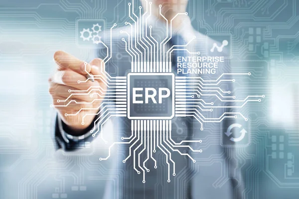 ERP - Biznes planowania zasobów i koncepcja nowoczesnych technologii na wirtualnym ekranie — Zdjęcie stockowe