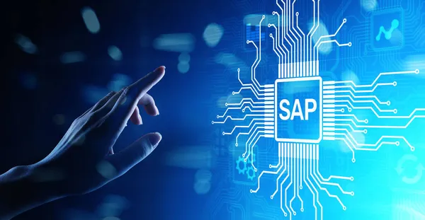SAP - İş süreci otomasyon yazılımı. Sanal ekranda ERP kuruluşu kaynak planlama sistemi kavramı — Stok fotoğraf