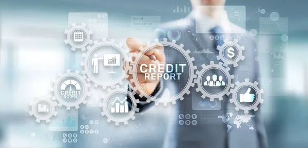 Botão de pontuação relatório de crédito na tela virtual. Conceito de Finanças — Fotografia de Stock