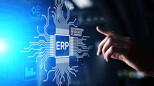ERP - Biznes planowania zasobów i koncepcja nowoczesnych technologii na wirtualnym ekranie — Zdjęcie stockowe
