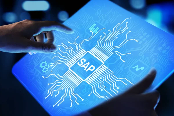 SAP - Software de automação de processos empresariais. ERP conceito de sistema de planejamento de recursos corporativos na tela virtual. — Fotografia de Stock