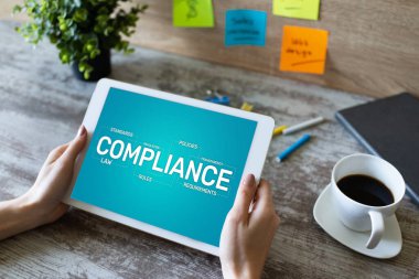 Simgeler ve diyagramlarla uyum kavramı. Yönetmelikler, hukuk, standartlar, gereksinimler, denetim. Aygıt ekranındaki kavram.