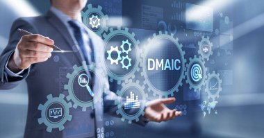 DMAIC Ölçüm Analizini Geliştirme Endüstriyel İş Süreçlerini optimize etme Sanal ekran üzerine altı sigma yassı üretim teknolojisi kavramı.