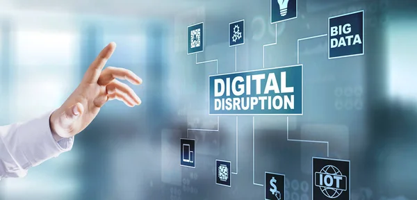 Disrupción digital. Ideas de negocios perturbadoras. IOT internet of things, network, smart city and machines, big data, cloud, analytics, web-scale IT, Artificial intelligence, AI. — Foto de Stock