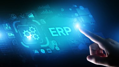 ERP - Sanal ekran üzerinde Atılgan kaynak planlaması işi ve modern teknoloji kavramı.