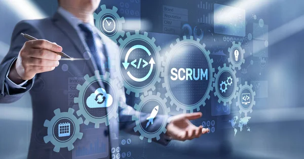 SCRUM, metodologia de desenvolvimento ágil, programação e conceito de tecnologia de design de aplicativos na tela virtual. — Fotografia de Stock