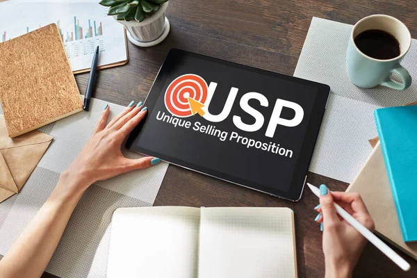 USP - Unique selling propositions. Business and finance concept on device screen. — Stock Photo, Image