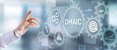 DMAIC Ölçüm Analizini Geliştirme Endüstriyel İş Süreçlerini optimize etme Sanal ekran üzerine altı sigma yassı üretim teknolojisi kavramı.