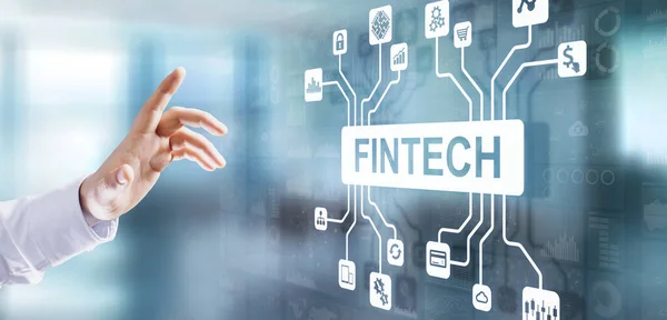 Fintech Tecnología financiera Inversión criptomoneda y dinero digital. Concepto de negocio en pantalla virtual — Foto de Stock