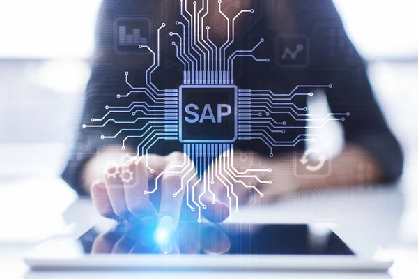 SAP - Software de automação de processos empresariais. ERP conceito de sistema de planejamento de recursos corporativos na tela virtual. — Fotografia de Stock