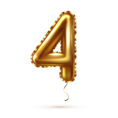 3D gerçekçi dört numaralı altın balon dekorasyon için kurdeleli..