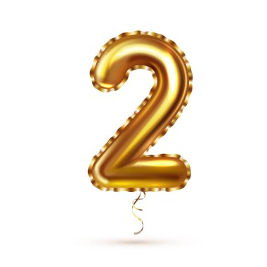 Dekorasyon tasarımı için kurdeleli 3D gerçekçi iki numaralı altın balon.