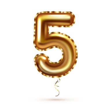 Dekorasyon tasarımı için kurdeleli 3D gerçekçi altın balon numara beş.