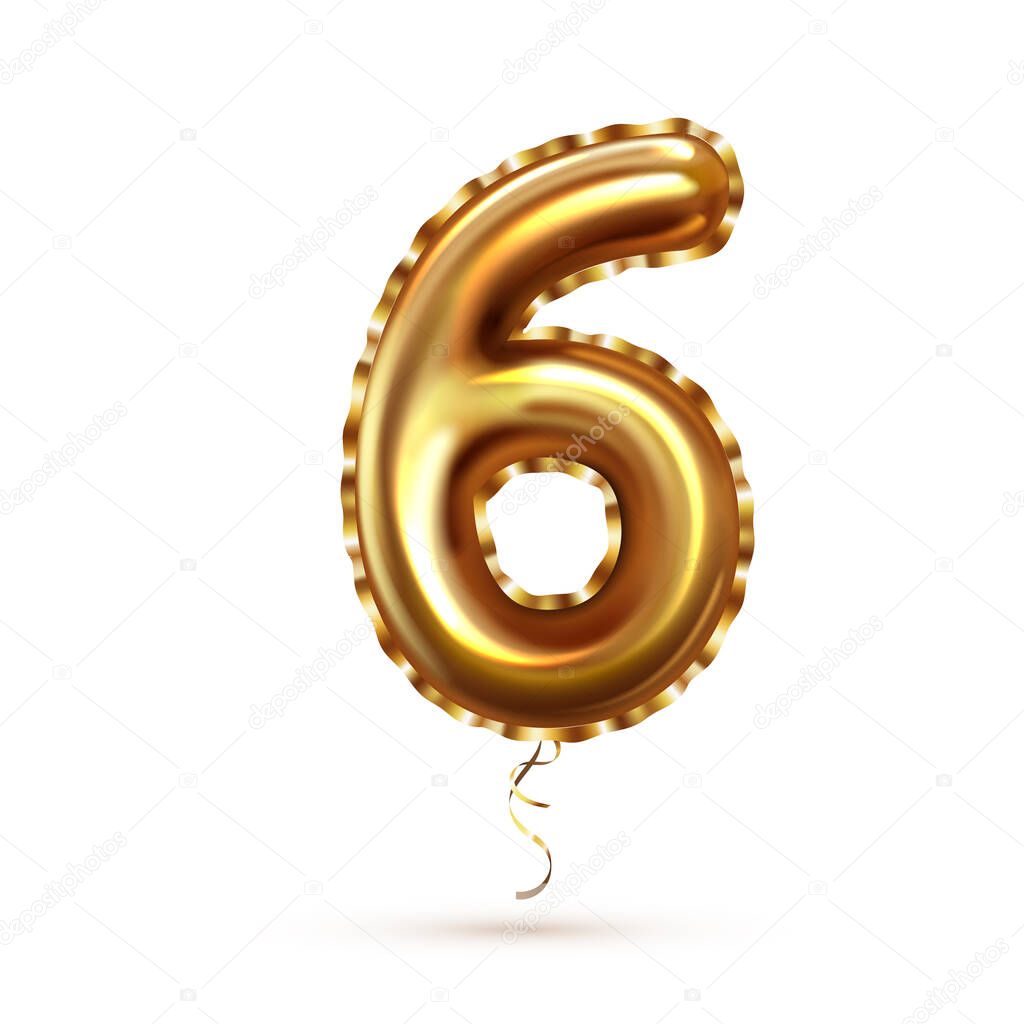 3d realistic golden balloon number six with ribbon for decoration design. Gold foil inflatable simbol 6 for anniversary invitation design. Golden balloon realistic number