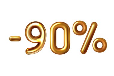 İndirimli alışveriş yapan gerçekçi altın balon eksi yüzde doksan sembol. .