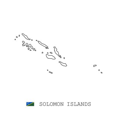 Solomon Adaları harita çizgisi, doğrusal ince vektör basit ana hat ve bayrak. Beyaz arkaplanda siyah