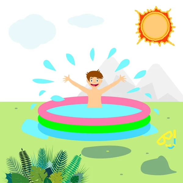 Boy Splashes Water Pool Vector Summer Vacation Child Bathes — Stock Vector