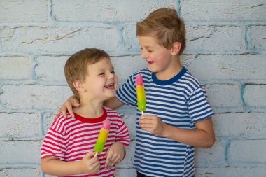 Two happy smiling boys are eating ice cream. Children hugging eat fruit frozen ice