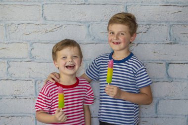 Two happy smiling boys are eating ice cream. Children hugging eat fruit frozen ice