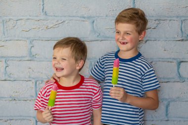 Two happy smiling boys are eating ice cream. Children hugging eat fruit frozen ice