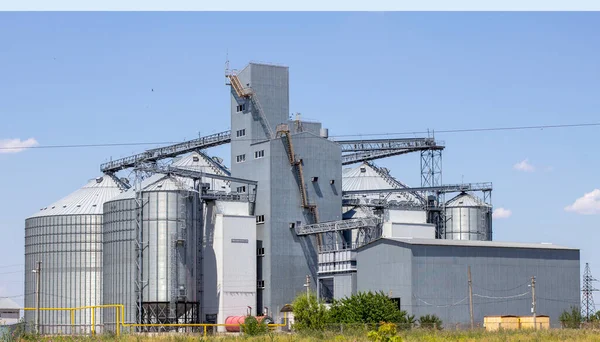 Agricultural Silos. Storage and drying. Storage of crop. Grain elevator. Metal grain elevator in agricultural zone. Agriculture storage for harvest. Grain silos. Exterior of agricultural factory.