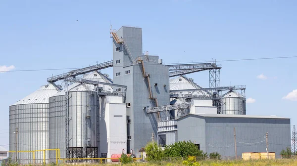 Agricultural Silos. Storage and drying. Storage of crop. Grain elevator. Metal grain elevator in agricultural zone. Agriculture storage for harvest. Grain silos. Exterior of agricultural factory.