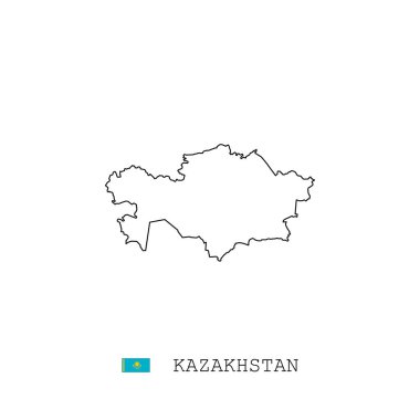 Kazakistan vektör haritası çizgisi, çizgi, doğrusal. Beyaz arka planda Kazakistan kara haritası. Kazakistan bayrağı