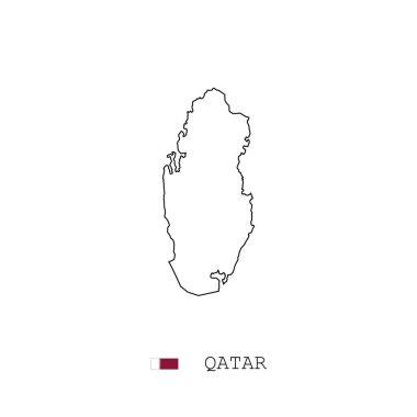 Katar vektör haritası, çizgi, doğrusal. Beyaz arkaplanda Katar kara haritası. Katar bayrağı