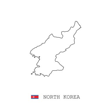 Kuzey Kore vektör haritası, çizgi, doğrusal. Kuzey Kore siyah haritası beyaz arka planda. Kuzey Kore bayrağı