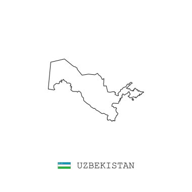 Özbekistan vektör haritası, çizgi, doğrusal. Beyaz arkaplanda Özbekistan kara haritası. Özbekistan bayrağı