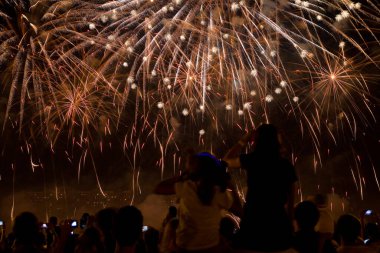 Karanlık gökyüzünde güzel havai fişekler. Ön planda izleyicilerin siluetleri var..
