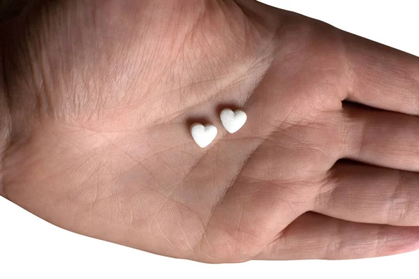 Weiße Pillen Herzform Liegen Der Handfläche Nahaufnahme Isoliert Auf Weißem — Stockfoto