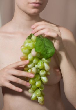 Elinde bir sarmaşık tutan genç, güzel, çıplak bir kız. Erotika.