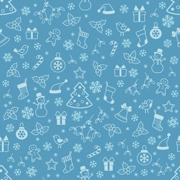 Nahtloses Muster mit weihnachtlichen Elementen auf blauem Hintergrund — Stockvektor