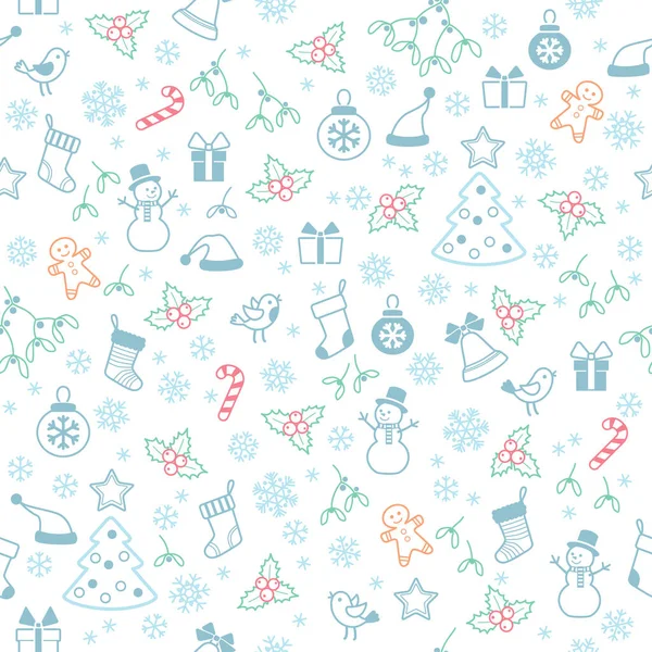 Seamless pattern with Christmas elements colorful outline — Stock Vector