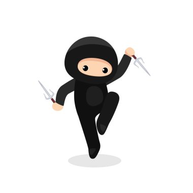 Beyaz arka planda bir çift sai silahı olan sevimli bir ninja.