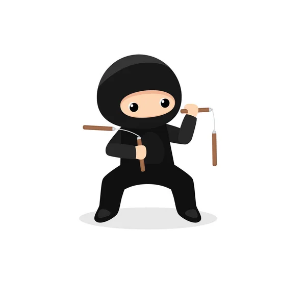 Cute ninja with nunchaku isolated on white background — Stock Vector