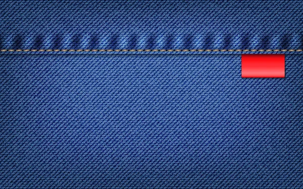 Blå denim jeans textur med söm och etikett. Vektor bakgrund — Stock vektor