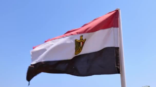 Echte oude Egyptische vlag op blauwe lucht achtergrond — Stockvideo