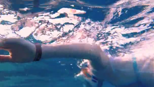 Fille de plongée avec tuba. fille nage dans l'eau peu profonde en Egypte portant un masque — Video