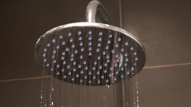 Gotas de agua cerca en la ducha. detalles del baño de cerca. lento mo — Vídeo de stock